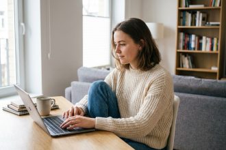 Jeune femme concentrée sur son ordinateur dans un bureau moderne