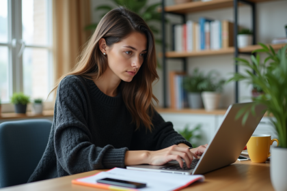Jeune femme concentrée travaillant sur son ordinateur dans un bureau lumineux