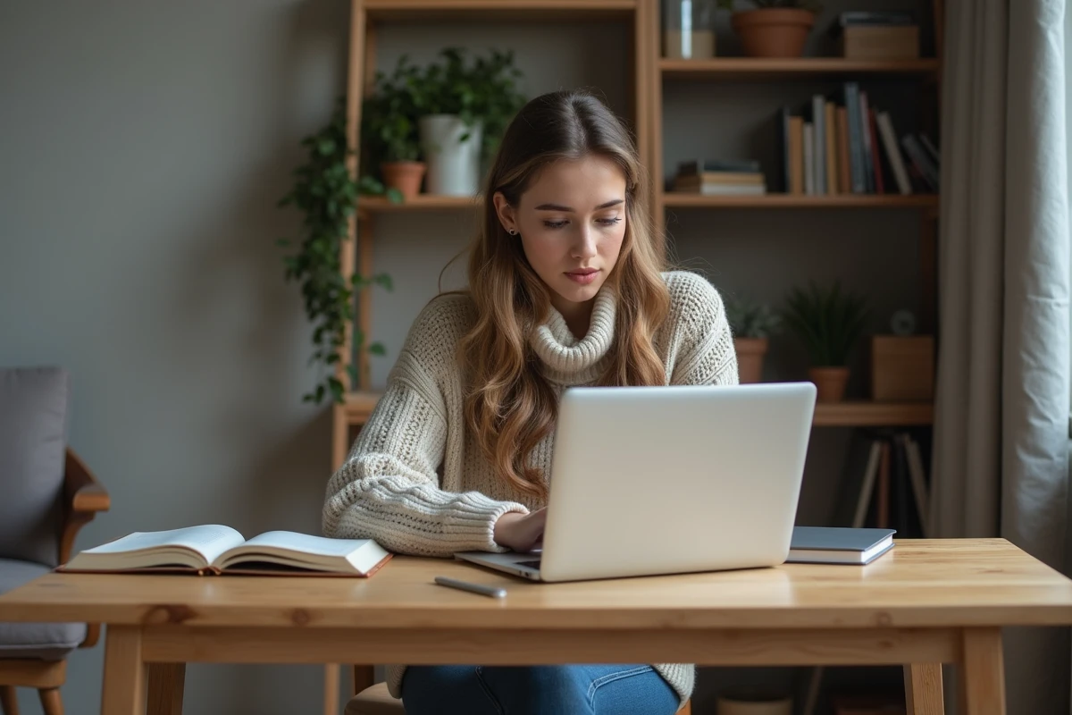 Jeune femme concentrée travaillant sur un ordinateur portable dans un espace calme