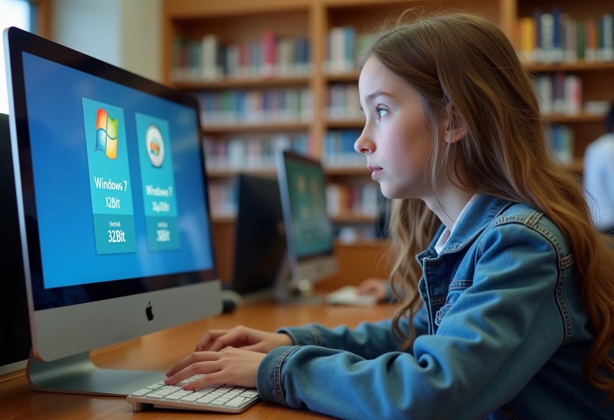 Jeune fille naviguant sur un ordinateur dans une bibliothèque