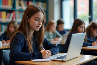Jeune fille concentrée sur un ordinateur dans une classe moderne