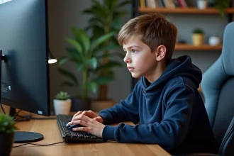 Jeune garçon concentré utilisant la technique butterfly sur une souris gaming