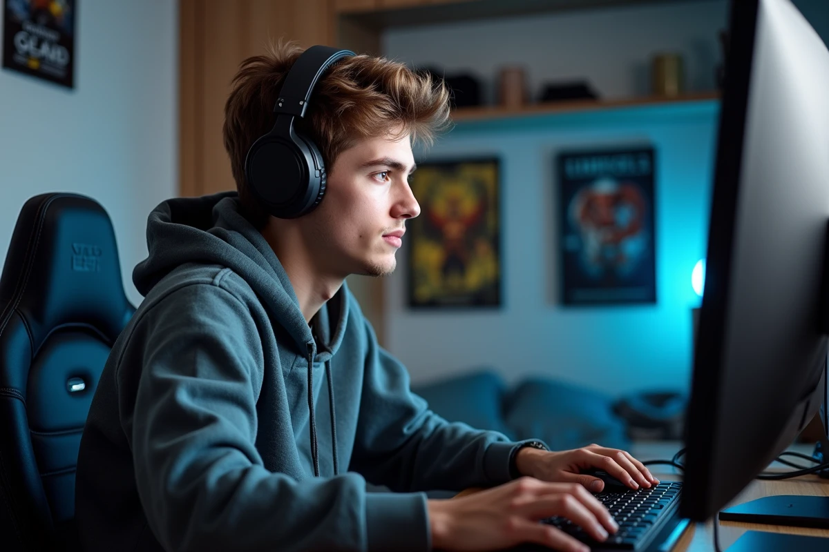 Jeune homme concentré jouant sur PC gaming dans sa chambre