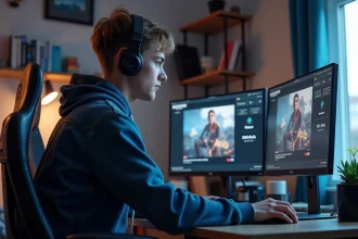 Jeune homme gamer regardant son écran d'achat en ligne à la maison