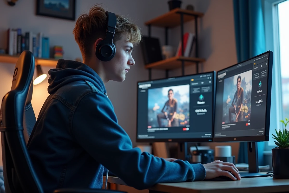 Jeune homme gamer regardant son écran d'achat en ligne à la maison
