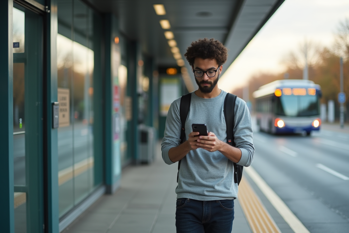 Jeune homme avec smartphone dans une station de transport accessible