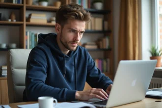 Jeune homme concentré travaillant sur son ordinateur à la maison