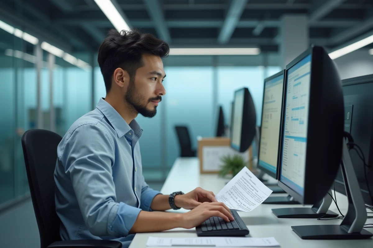 Jeune homme utilisant un clavier sans fil dans un bureau moderne