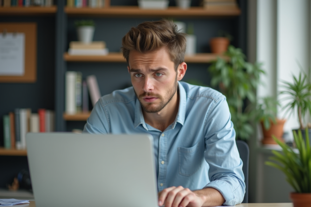 Jeune homme au bureau urbain regardant son ordinateur