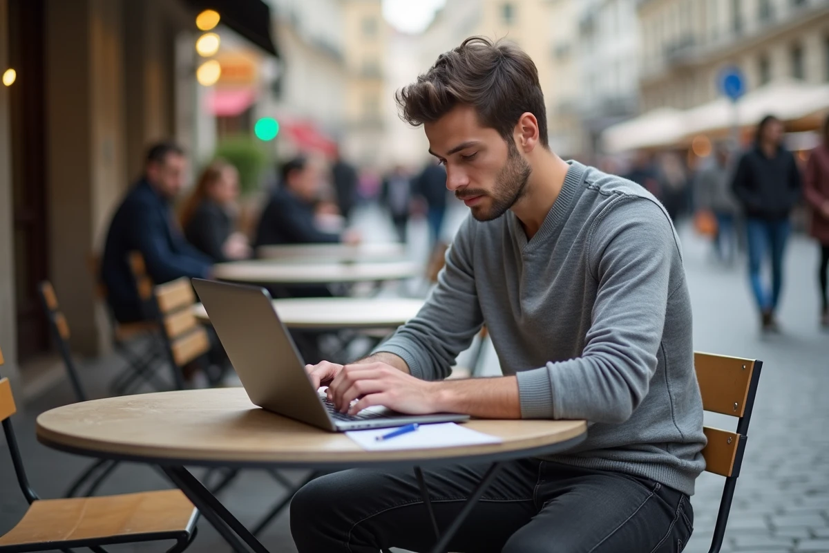 Jeune homme travaillant dans un café lyonnais en extérieur