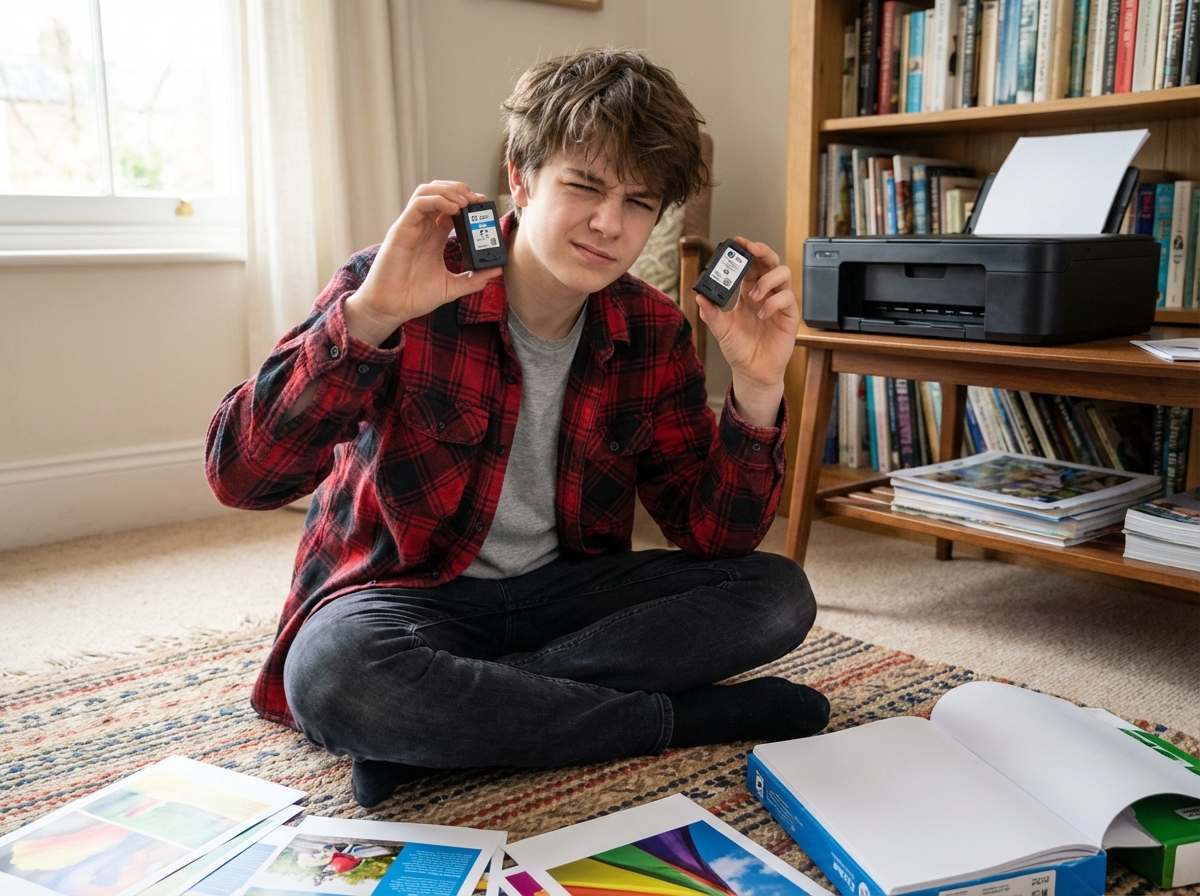 Jeune garçon compare deux cartouches d