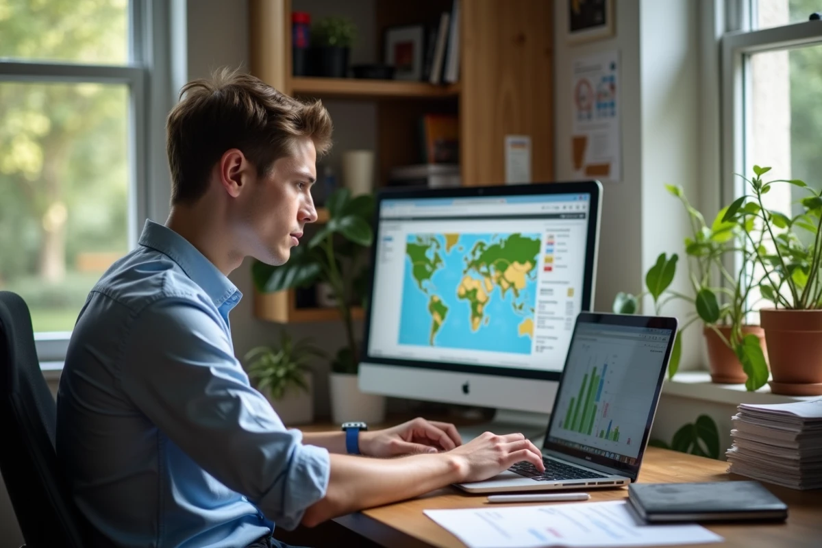 Jeune homme analysant une carte et SEO dans son bureau