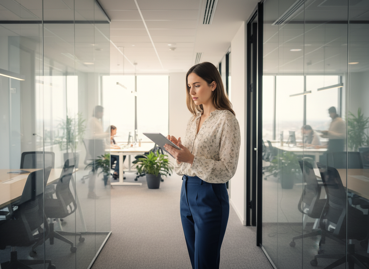 Jeune femme gestionnaire avec tablette dans un couloir lumineux
