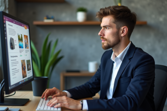 Jeune homme professionnel analyse graphique publicitaire en bureau