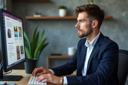 Jeune homme professionnel analyse graphique publicitaire en bureau