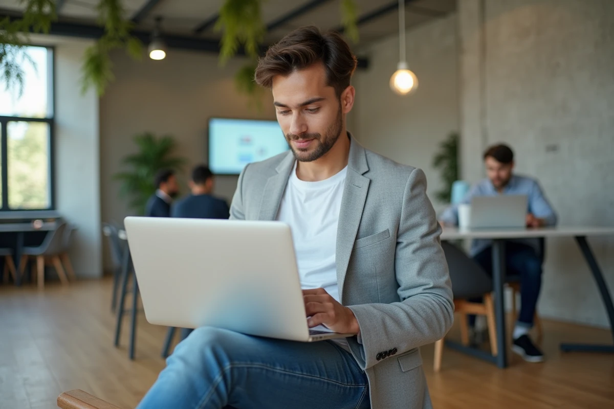 Jeune professionnel envoyant par mail un fichier PDF converti depuis Pages sur un MacBook dans un espace de coworking