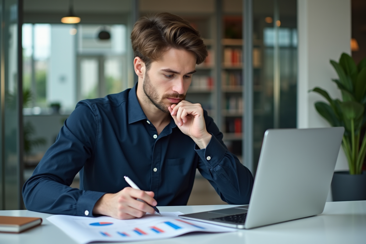 Jeune homme concentré analysant des données SEO au bureau