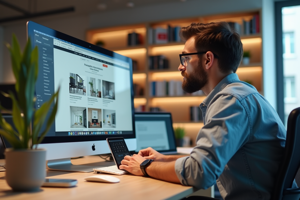 Jeune web designer concentré sur un site responsive