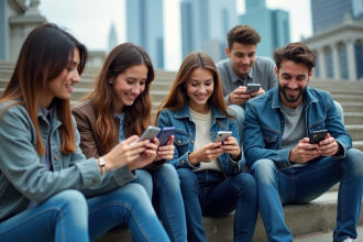 Groupe de jeunes adultes connectes avec smartphones en ville