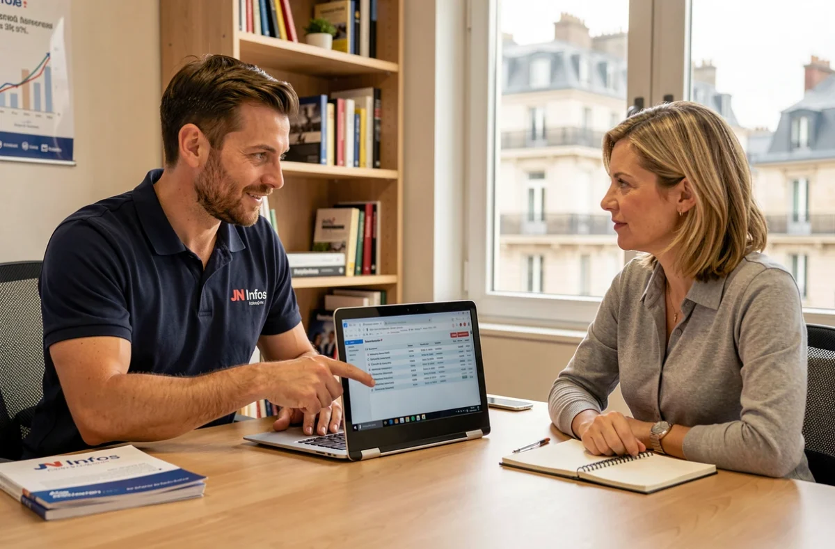 Consultant JN Infos présentant un rapport de maintenance à une cliente dans un bureau professionnel à Lyon