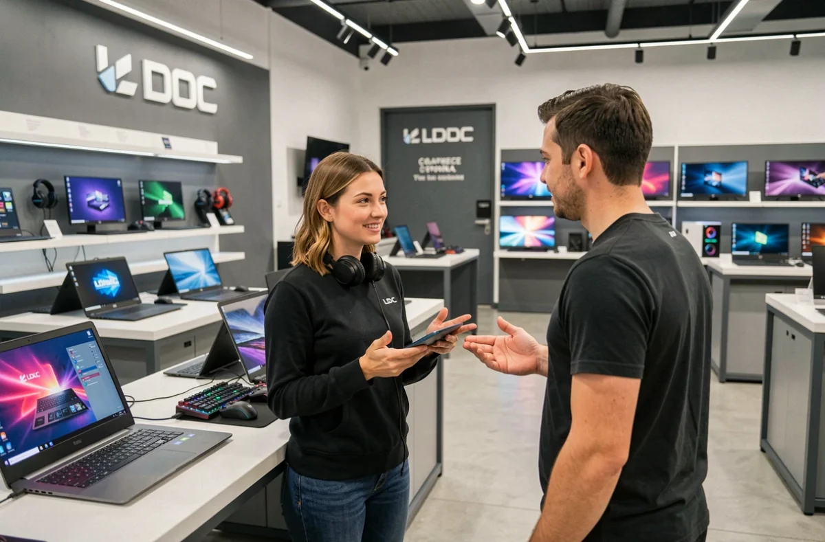 Showroom LDLC Marseille avec ordinateurs portables et accessoires gaming exposés