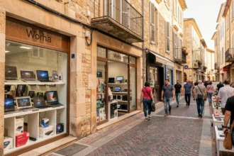 Vue d'ensemble d'une rue commerçante spécialisée en informatique dans les Bouches-du-Rhône