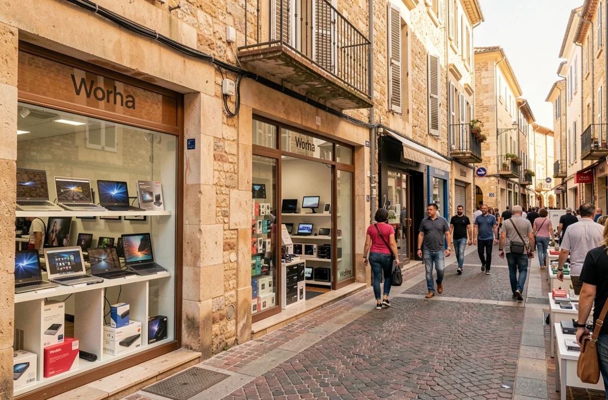 Vue d'ensemble d'une rue commerçante spécialisée en informatique dans les Bouches-du-Rhône