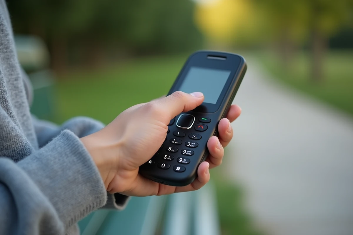 Mains d'adolescent tenant un téléphone classique à touches physiques dans un parc après l'école