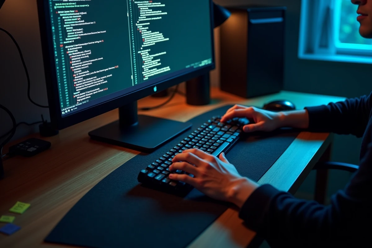 Mains tapant sur un clavier devant un écran affichant une politique de confidentialité et une interface IA, illustrant les risques pour les données personnelles