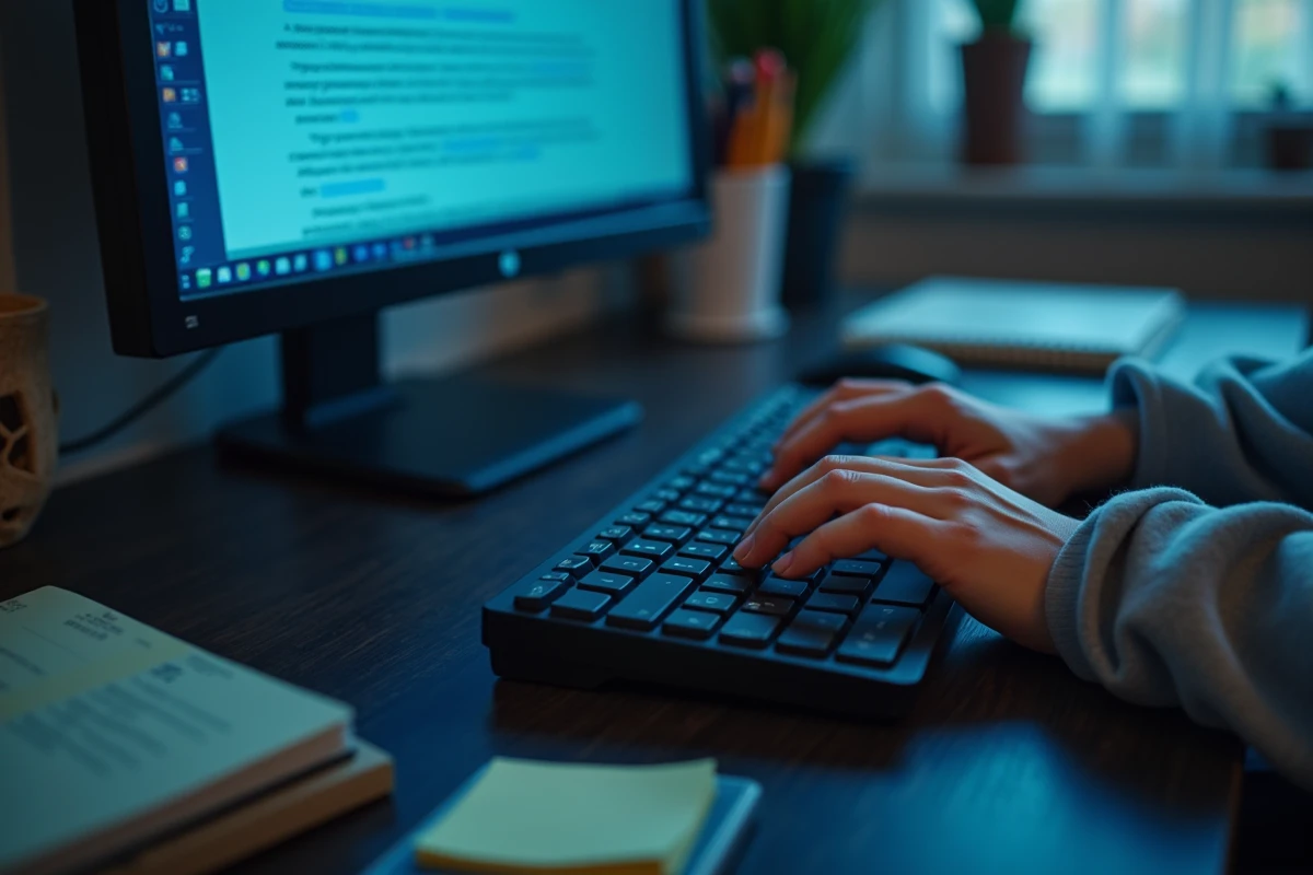 Mains d'un étudiant tenant la touche Shift pour sélectionner du texte en surbrillance dans un traitement de texte