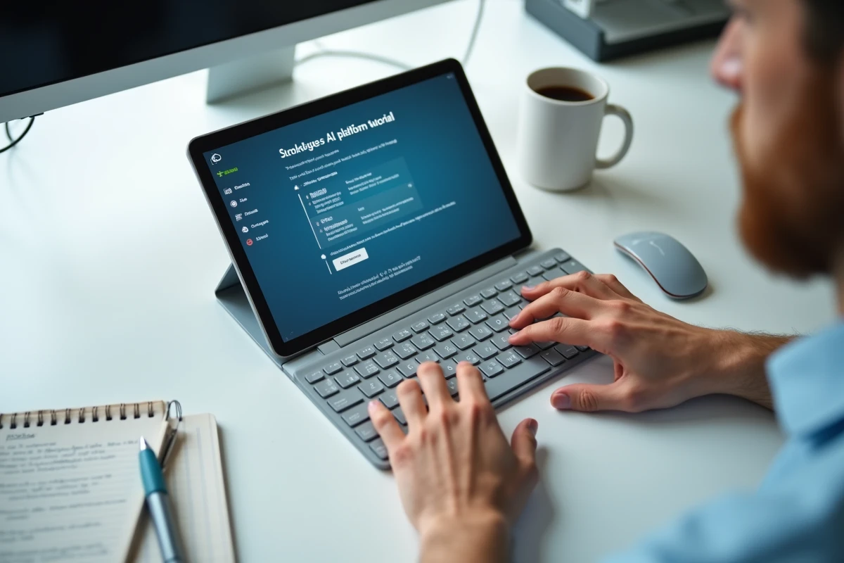 Gros plan de mains tapant sur un clavier devant une tablette affichant un tutoriel de plateforme IA pour débutants