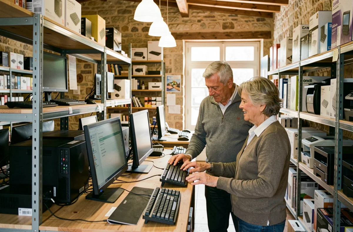Intérieur du magasin Masco Informatique avec rayons d'ordinateurs et de périphériques
