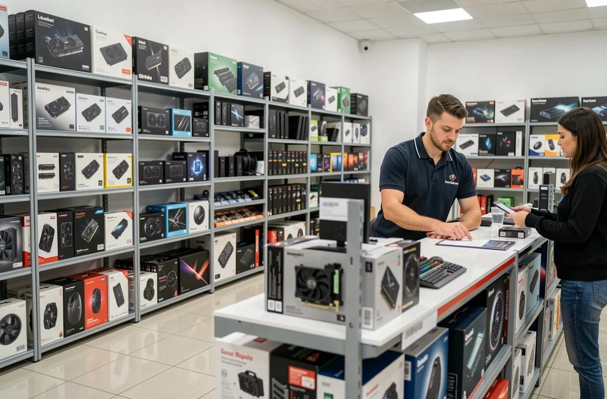 Intérieur du magasin Materiel.net à Aix-en-Provence avec rayons de composants informatiques