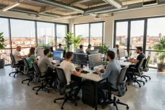 Équipe de prestataires informatiques dans un bureau moderne à Montpellier représentant les meilleurs acteurs IT de l'Hérault
