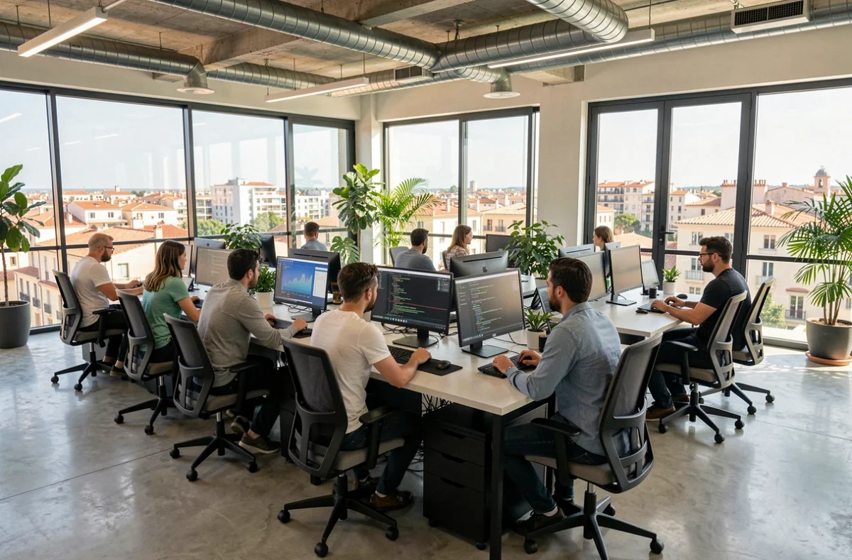 Équipe de prestataires informatiques dans un bureau moderne à Montpellier représentant les meilleurs acteurs IT de l'Hérault