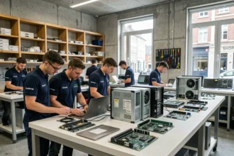 Atelier de réparation informatique dans le Nord avec plusieurs techniciens travaillant sur des ordinateurs