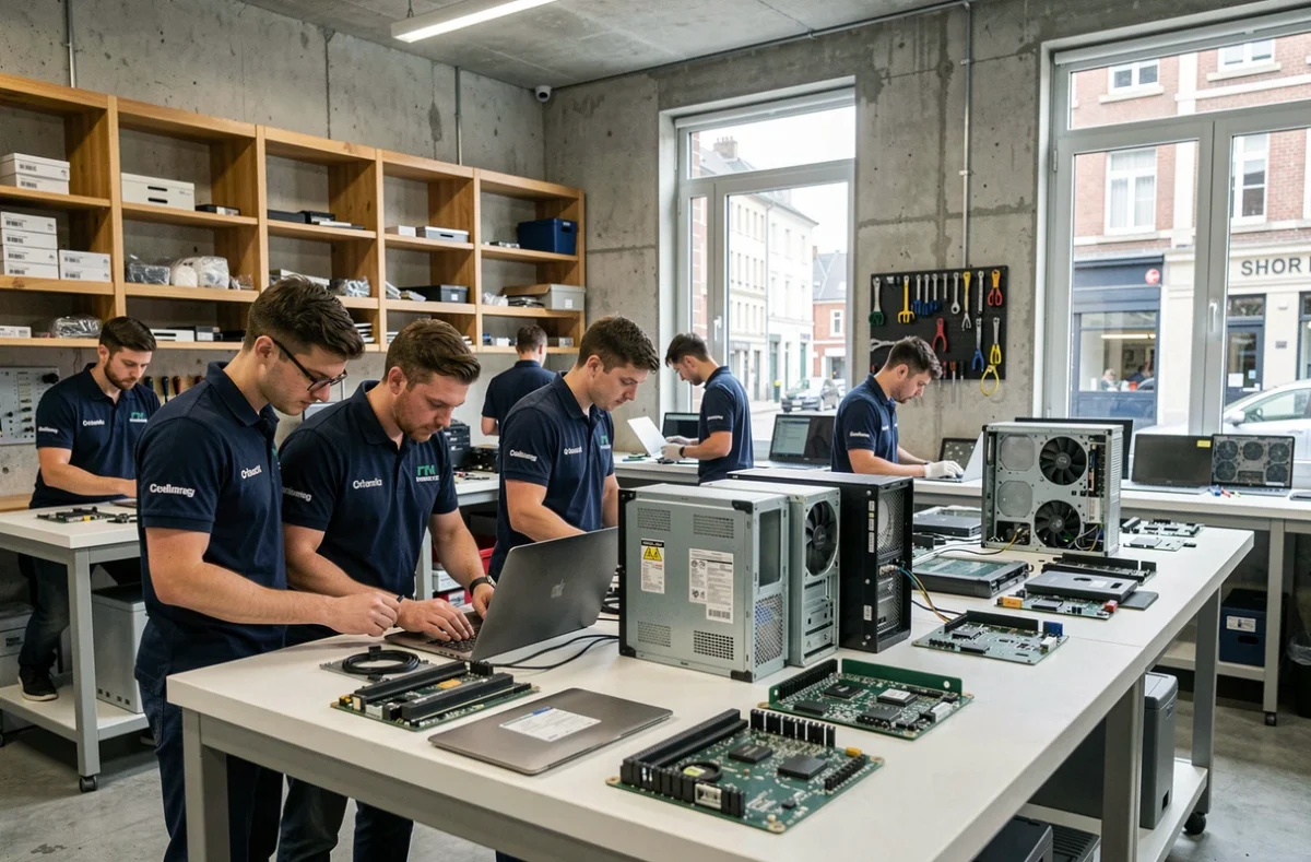 Atelier de réparation informatique dans le Nord avec plusieurs techniciens travaillant sur des ordinateurs