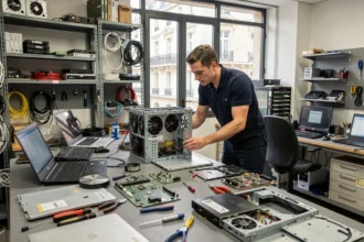Atelier de réparation informatique dans le Rhône avec technicien travaillant sur des ordinateurs démontés