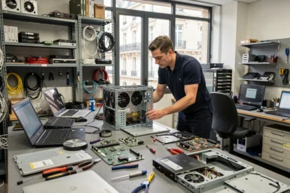 Atelier de réparation informatique dans le Rhône avec technicien travaillant sur des ordinateurs démontés