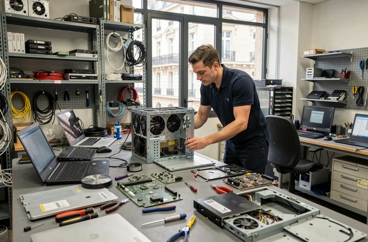 Atelier de réparation informatique dans le Rhône avec technicien travaillant sur des ordinateurs démontés