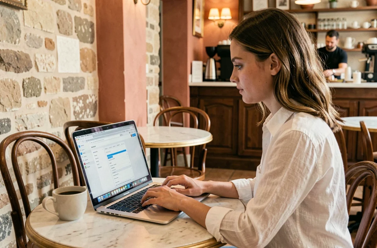 Jeune femme configurant sa messagerie Mel Normandie sur MacBook dans un café normand