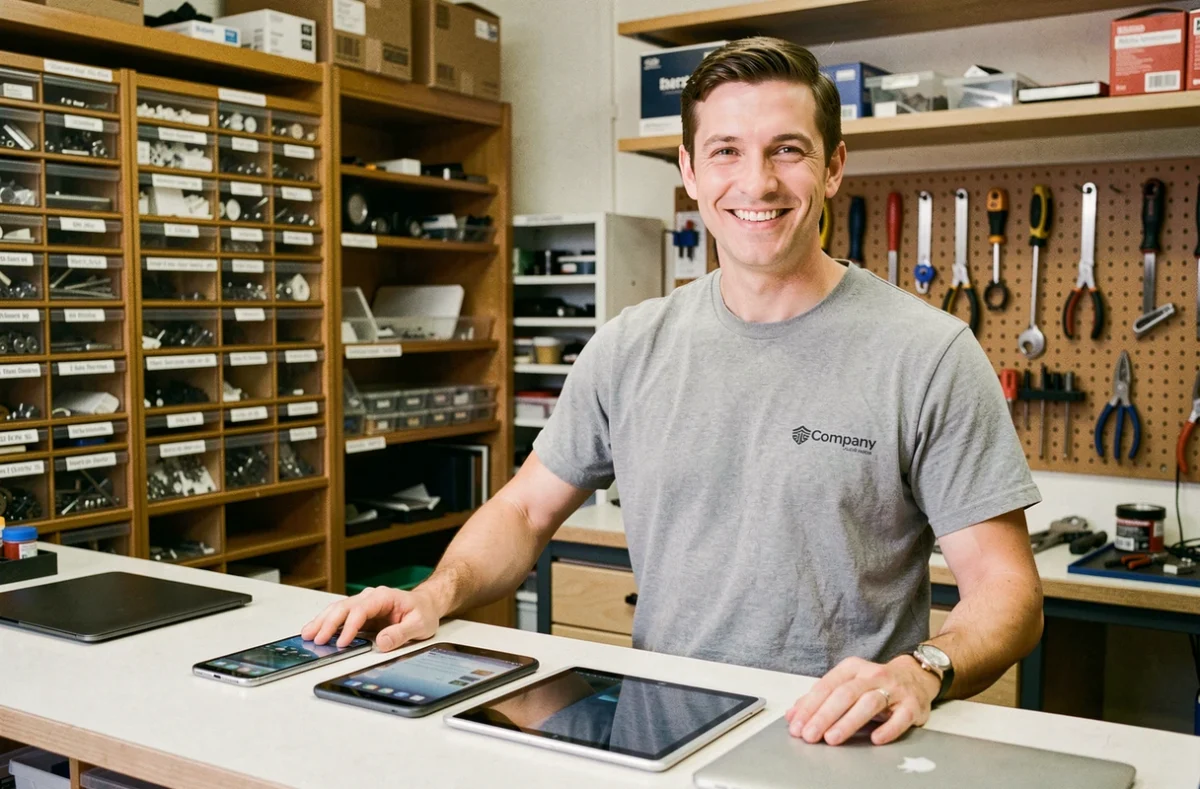 Technicien de Microsix Plus présentant plusieurs appareils réparés dans sa boutique à Lille