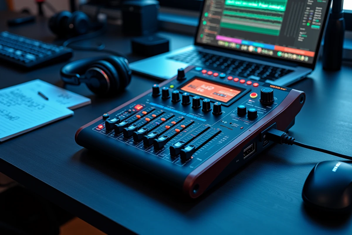 Vue rapprochée du mixeur StudioLive 16.0.2 USB connecté à un laptop affichant l'interface Virtual StudioLive avec les canaux et les faders
