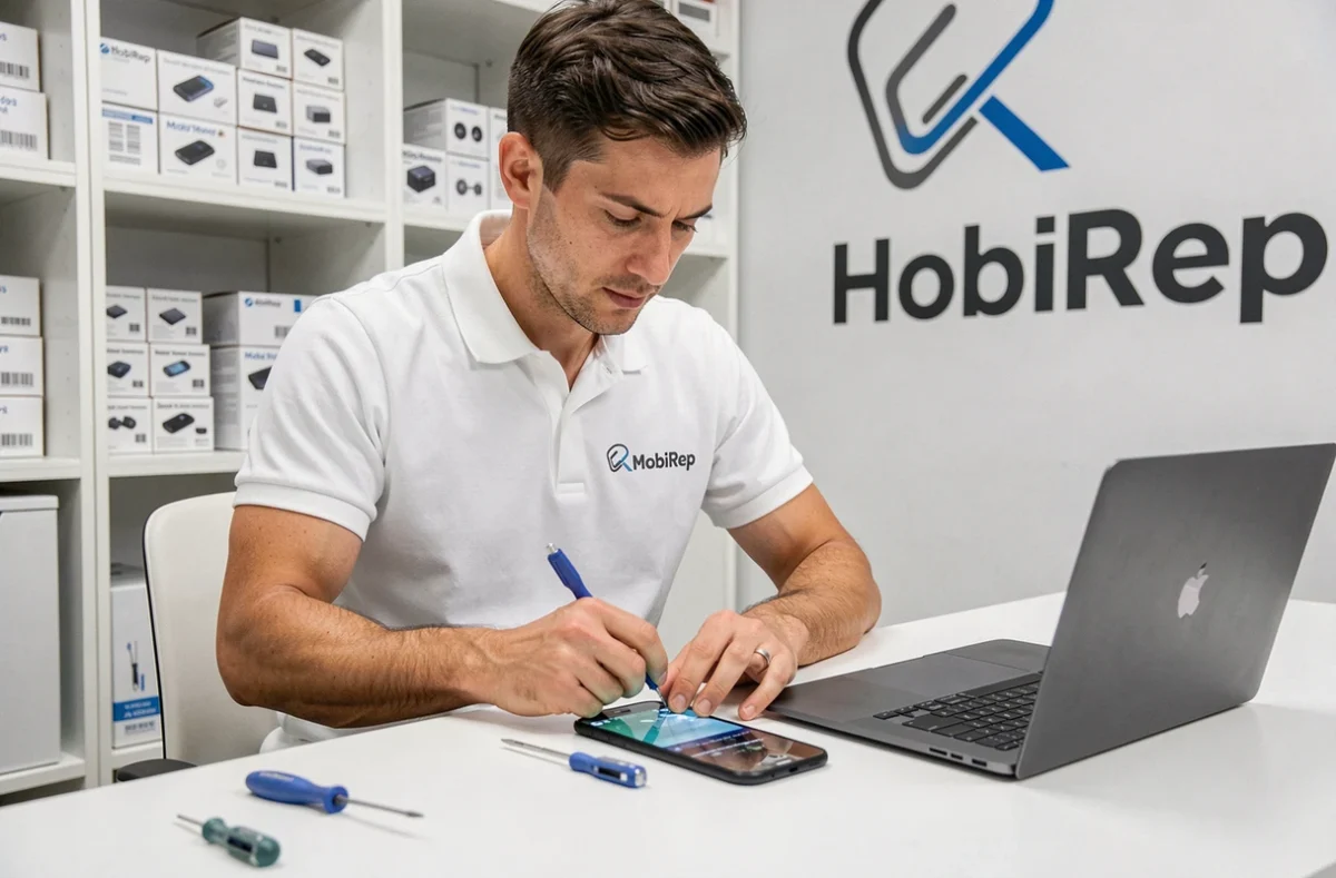 Technicien MobiRep remplaçant un écran de smartphone avec un MacBook en attente de réparation sur le bureau