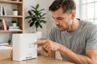 Homme regardant le mot de passe WiFi imprimé sur l'étiquette au dos d'une Freebox dans un bureau à domicile