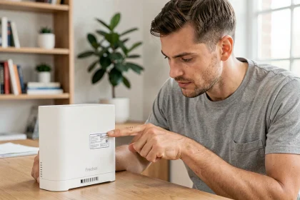Homme regardant le mot de passe WiFi imprimé sur l'étiquette au dos d'une Freebox dans un bureau à domicile