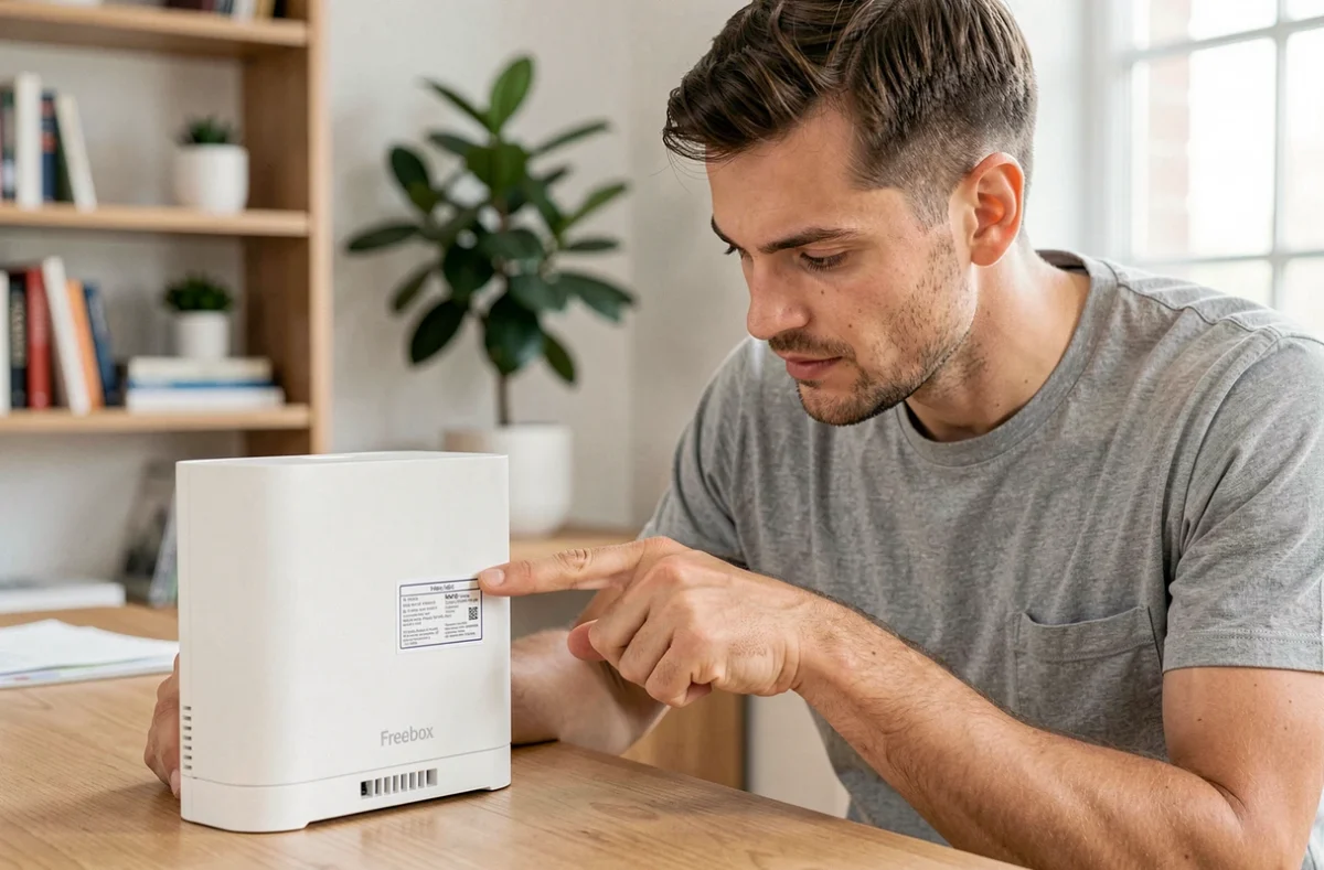 Homme regardant le mot de passe WiFi imprimé sur l'étiquette au dos d'une Freebox dans un bureau à domicile