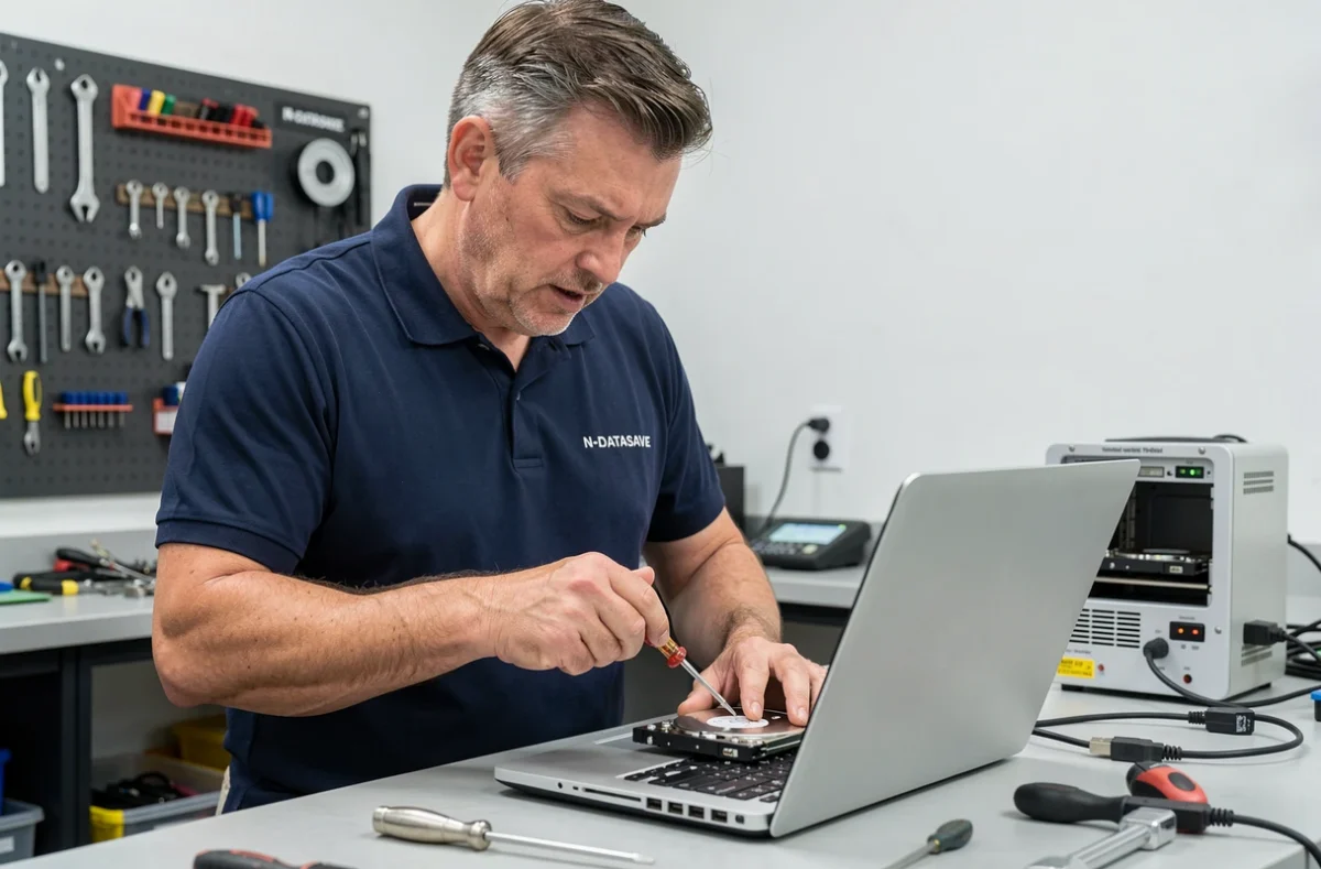 Technicien N-DATASAVE récupérant des données sur un disque dur d'ordinateur portable ouvert