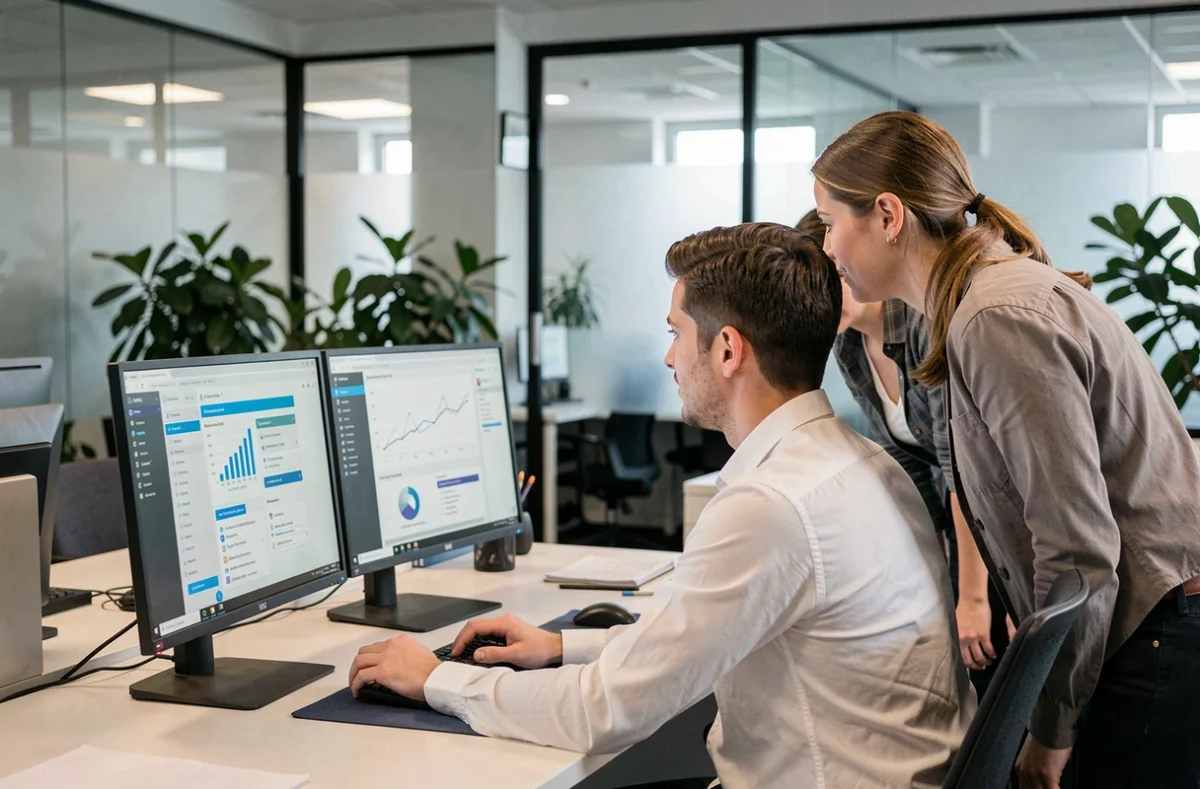 Consultant de Nebsystem présentant des services informatiques à une équipe dans un bureau moderne à Lille