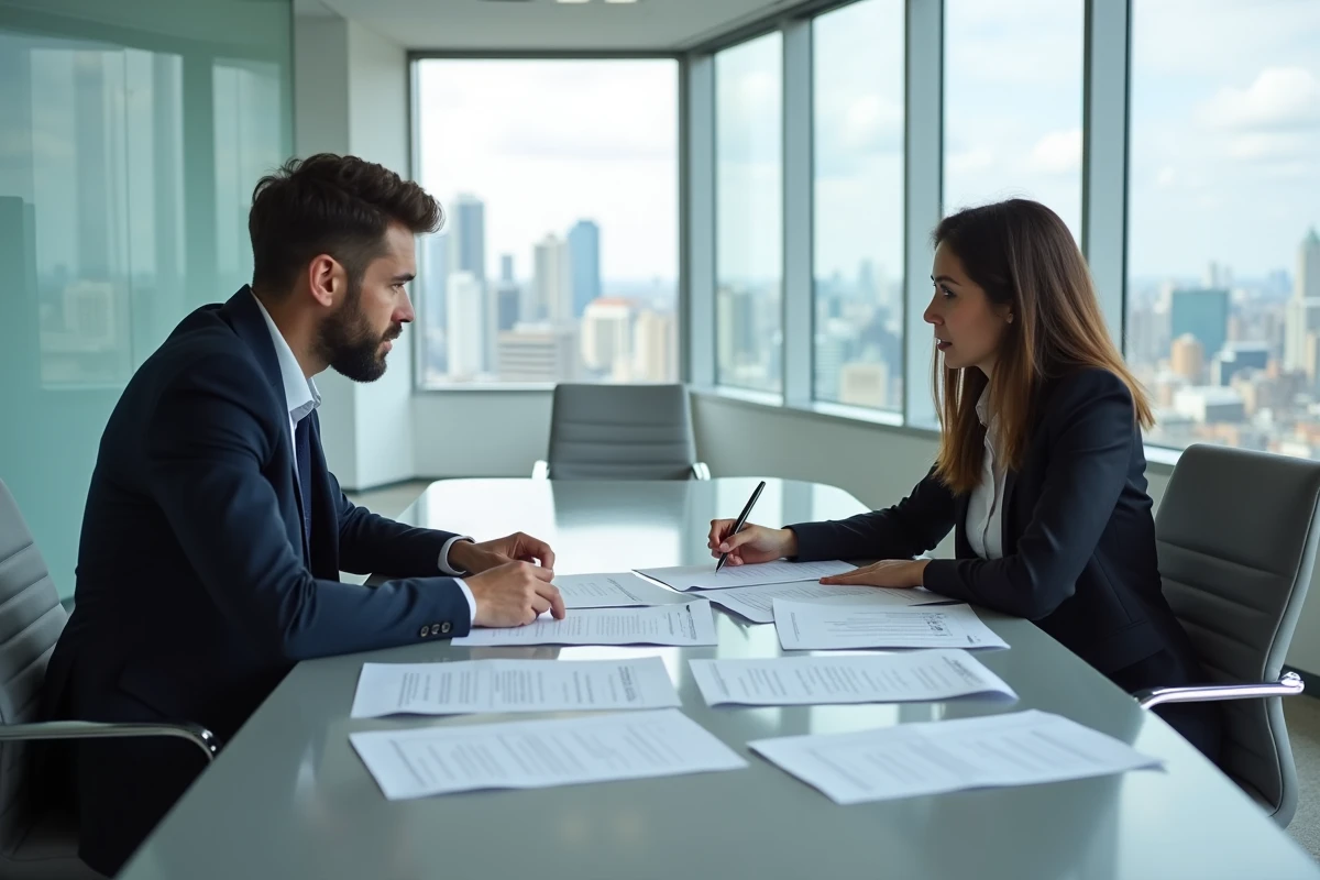 Deux professionnels discutant de clauses contractuelles autour d'une table de réunion dans un bureau moderne